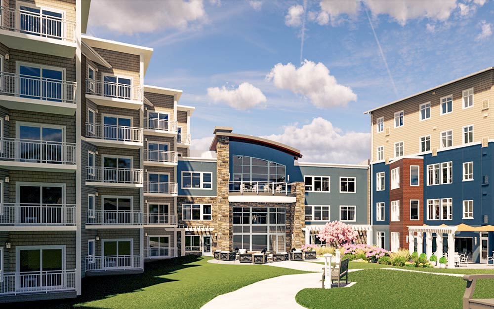 Concept rendering of the Wesley Des Moines Gardens building featuring the Commons apartments