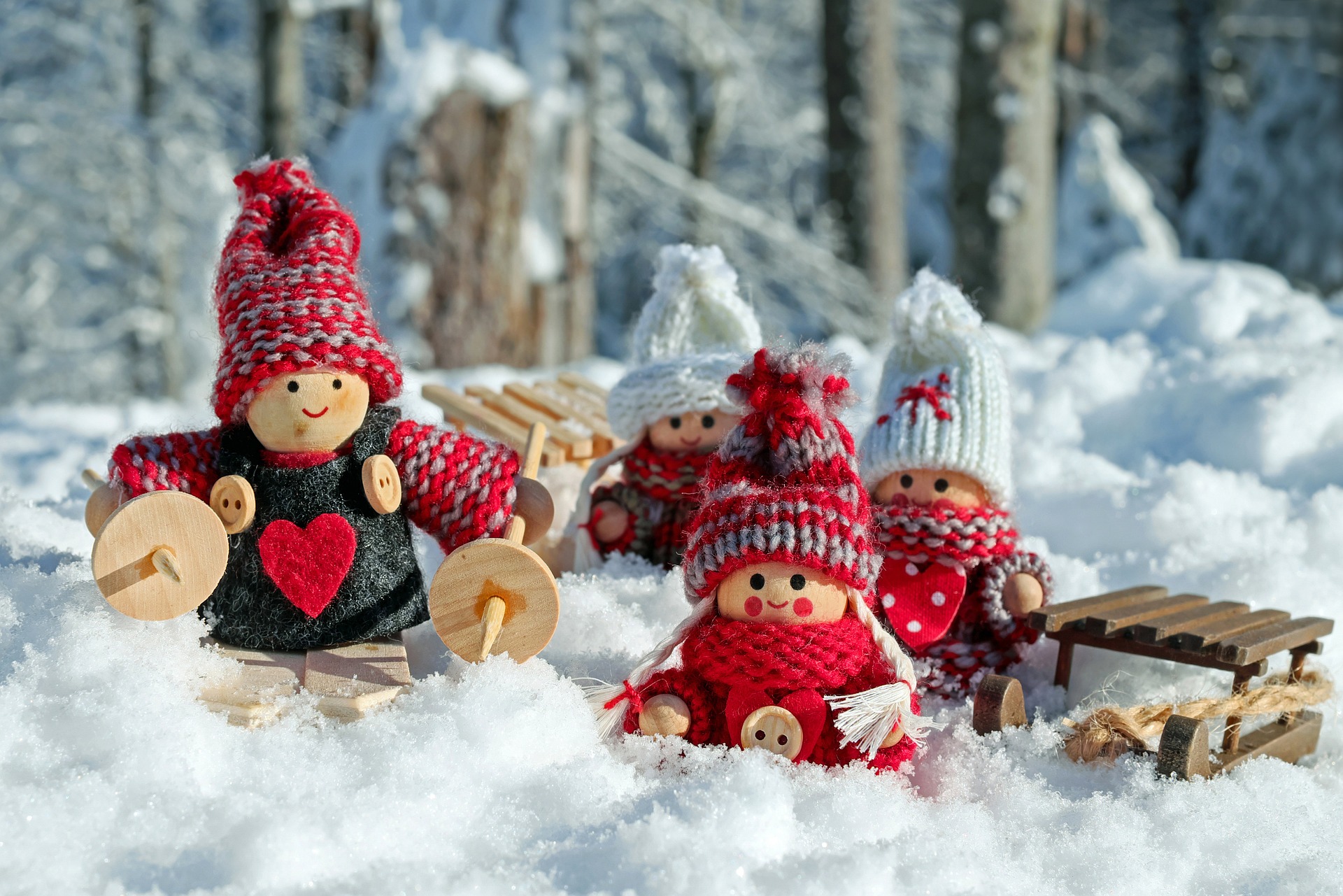 Christmas toys and dolls in snow