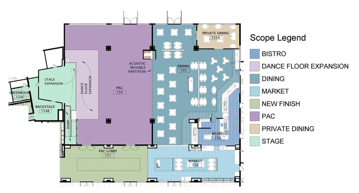 Architectural map of the Terrace first floor Auditorium theater and dining and kitchen bistro areas