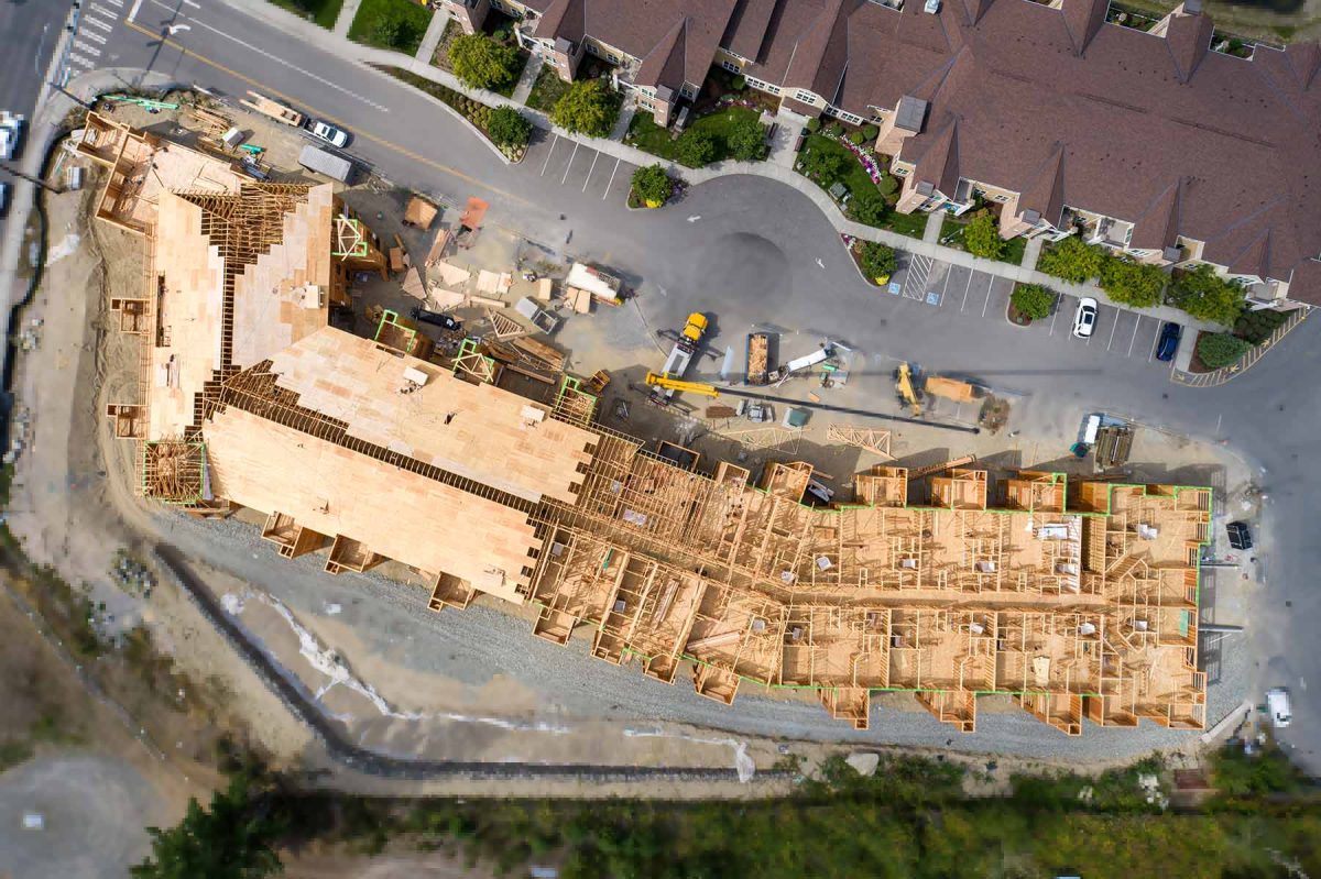 Aerial top down view of framing of East Brownstone at Wesley Bradley Park