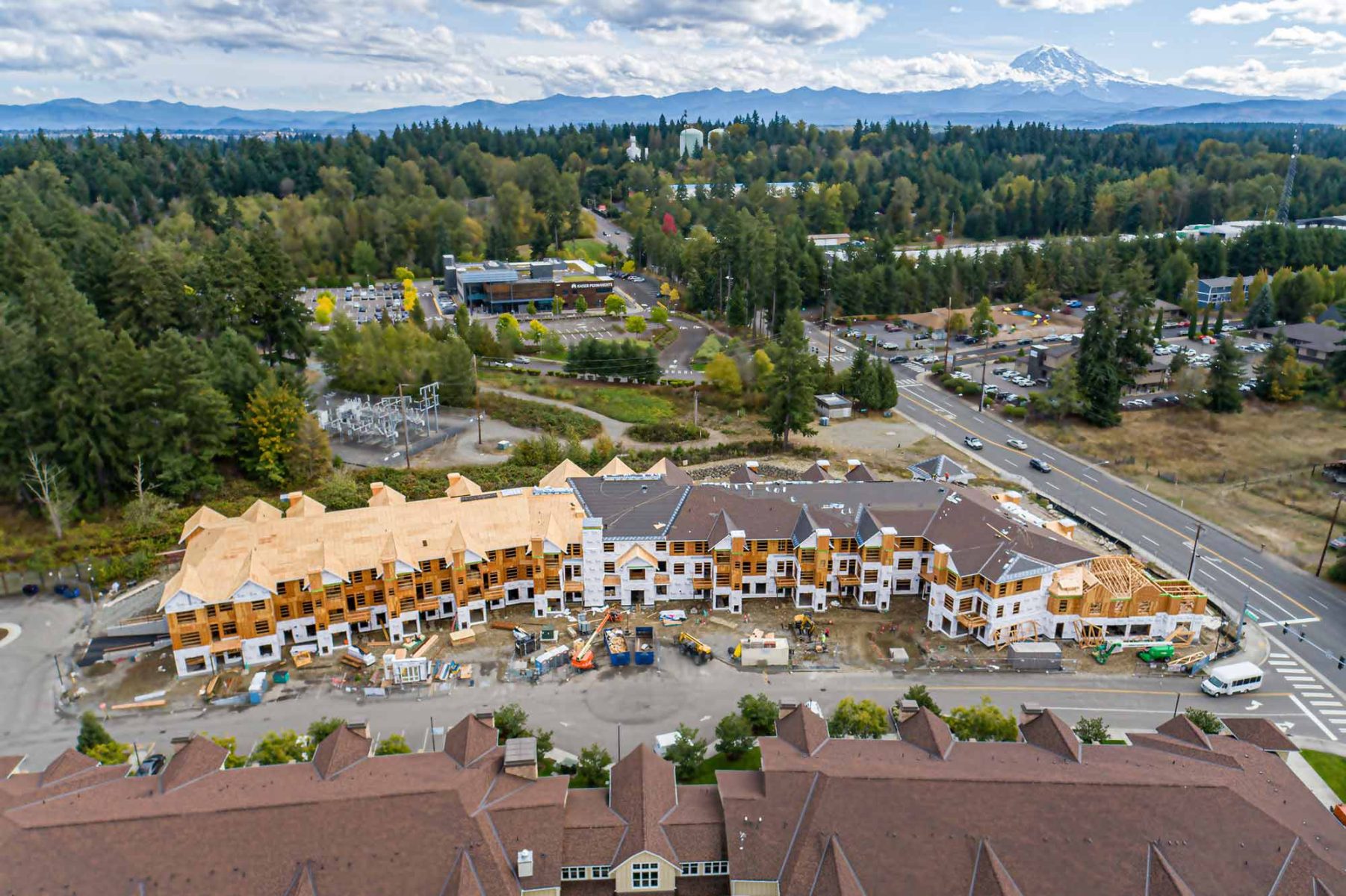 Aerial view of Bradley Park with East Brownstone framing under construction