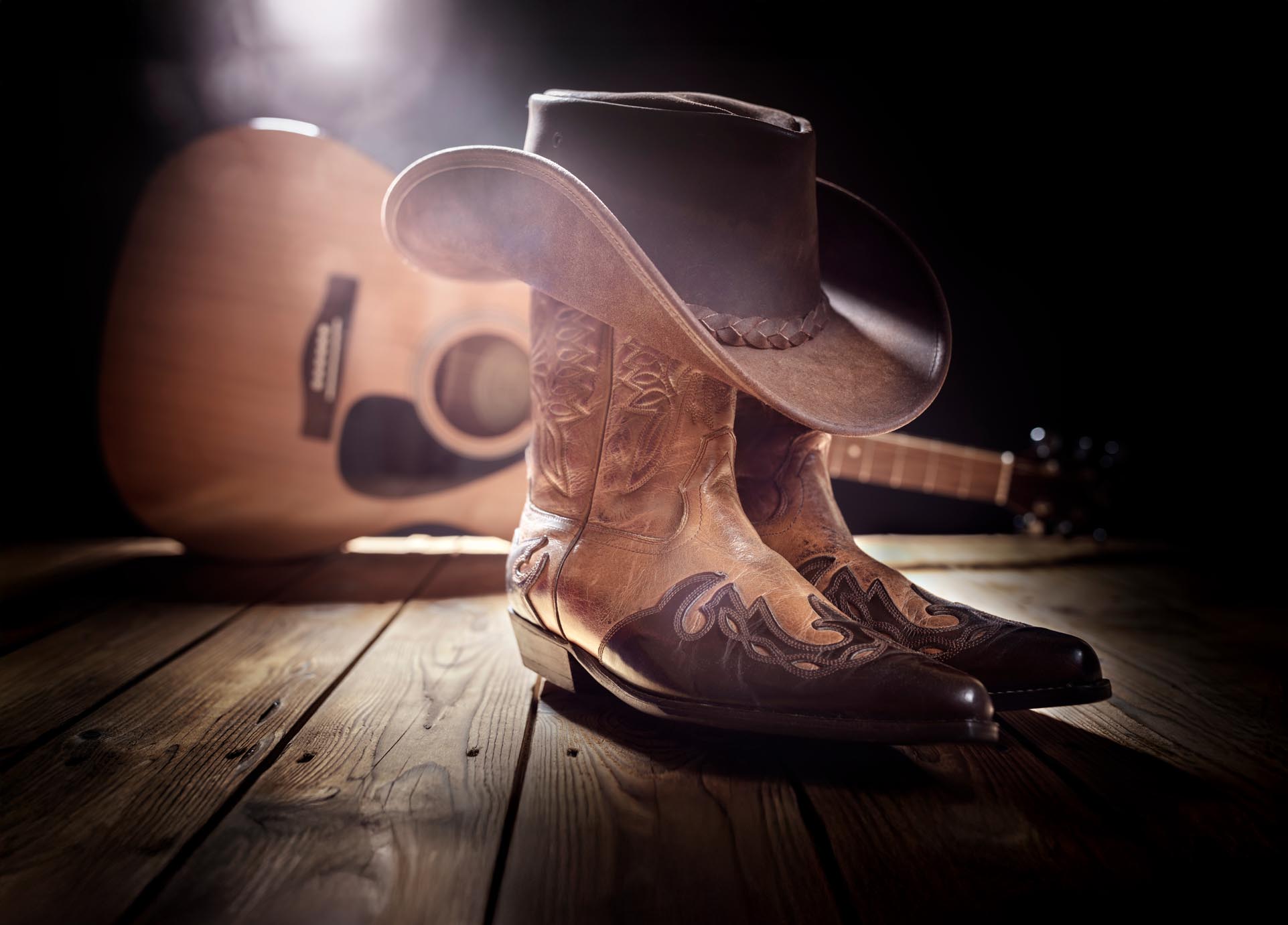 Line Dancing boot and hat with guitar